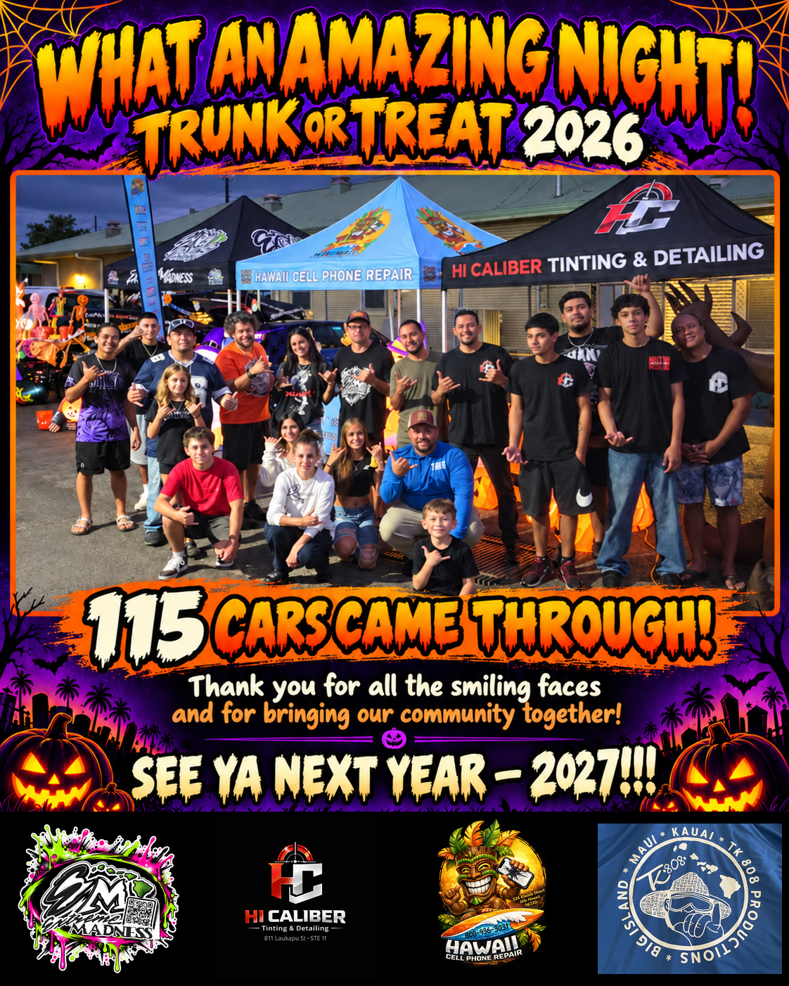 Trunk or Treat 2026 community thank-you artwork: 115 cars came through